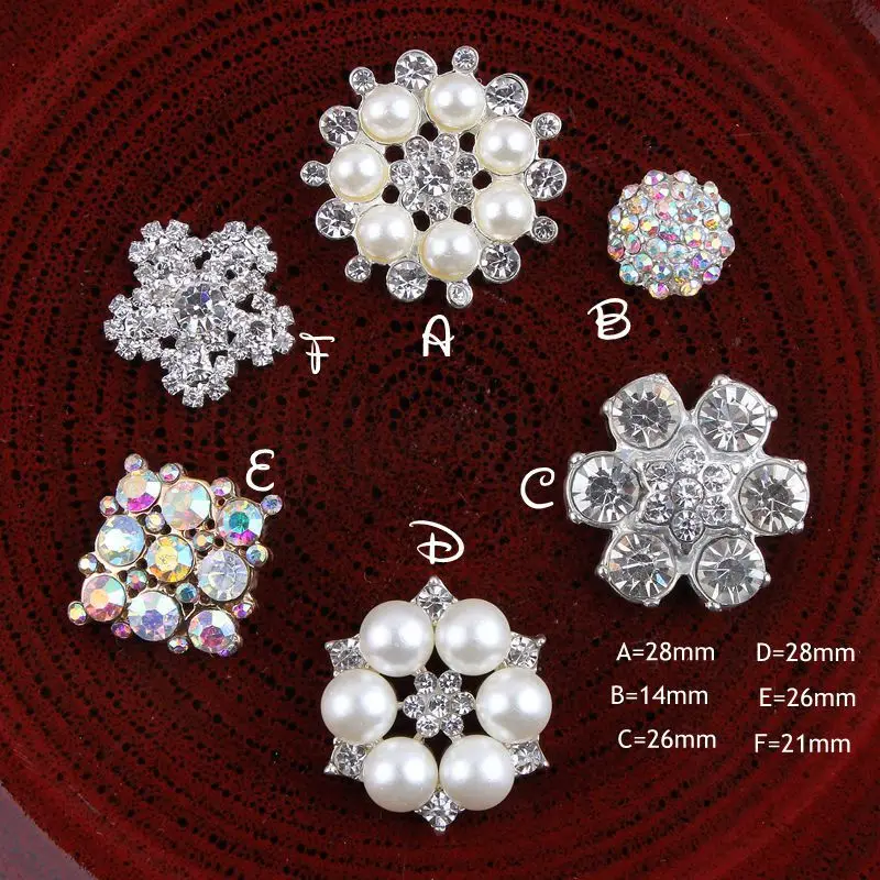 (200pcs/lot) 6 Styles Newborn Clear Handmade Metal Rhinestone Pearl Buttons Artificial Alloy AB Crystal Flatback Wedding Button