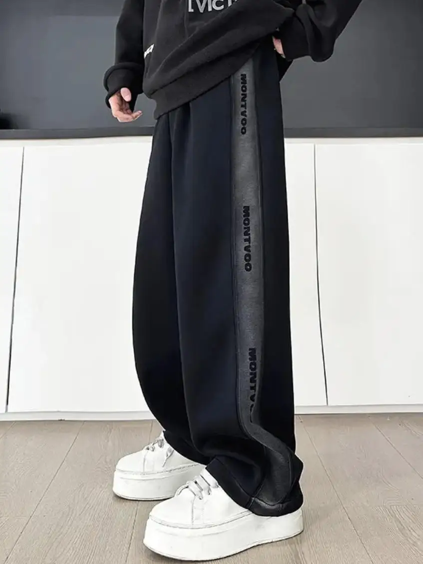 

Men's Casual Straight Leg Fce Lined Pants Autumn Winter Faion Streetwear Loose Fit Versatile Wide Leg Trousers