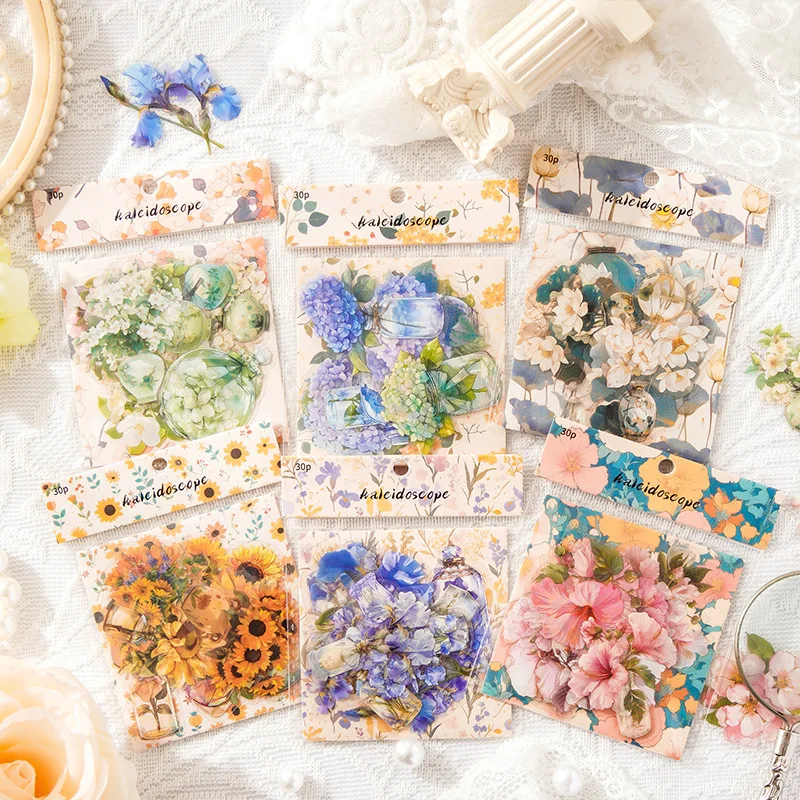 15Pcs Flower PET Waterproof Decorative Stickers Envelopes Greeting Cards Gifts Decorative Collages Stationery Decorative