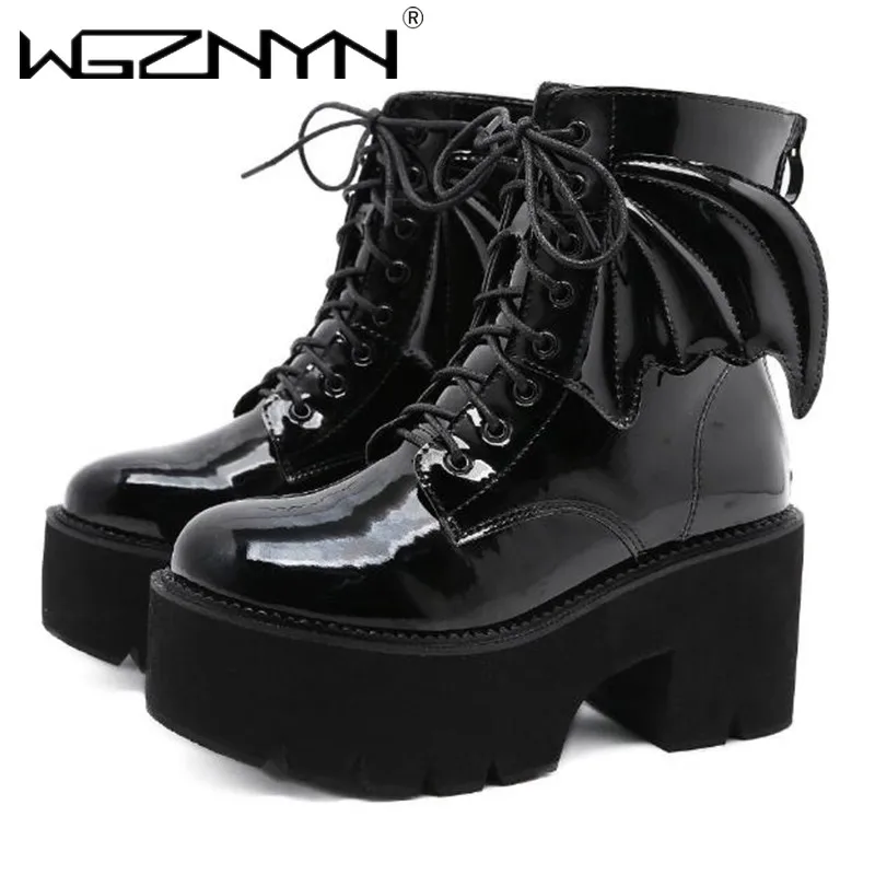 2024 Damskie czarne buty z zamkiem błyskawicznym z tyłu na grubym obcasie Punk Goth Style Lace Up Solid Color Platform Short Boots for Women Fashion