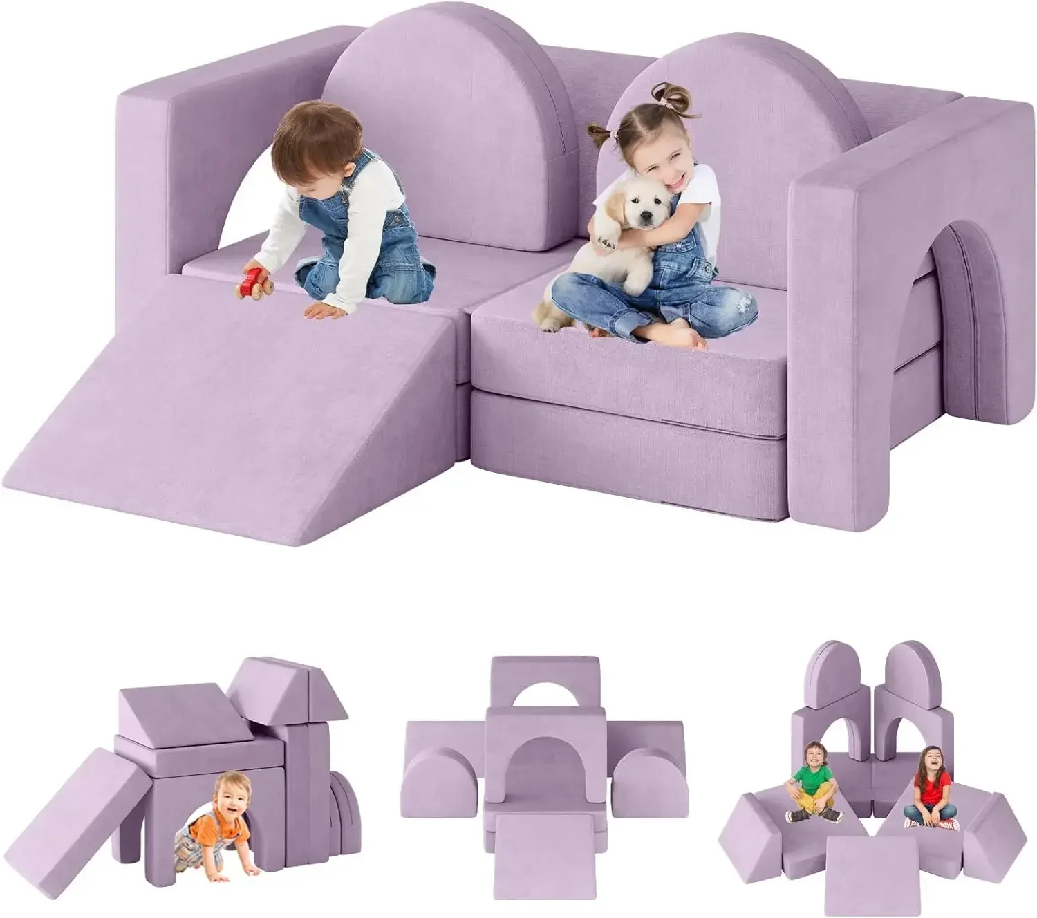 10PCS Modular Kids Play Couch, Kids Couch with Climbing Slope, 10 in 1 Toddler Couch for Playing, Creativing, Sleeping, Indoor K