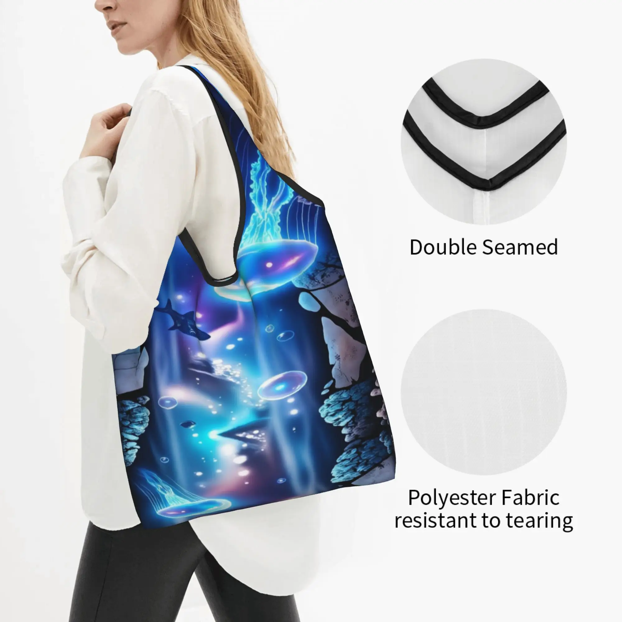 Recycling 3D Optical Illusion Jellyfish Galaxy Shopping Bag Women Tote Bag Portable  Groceries Shopper Bags