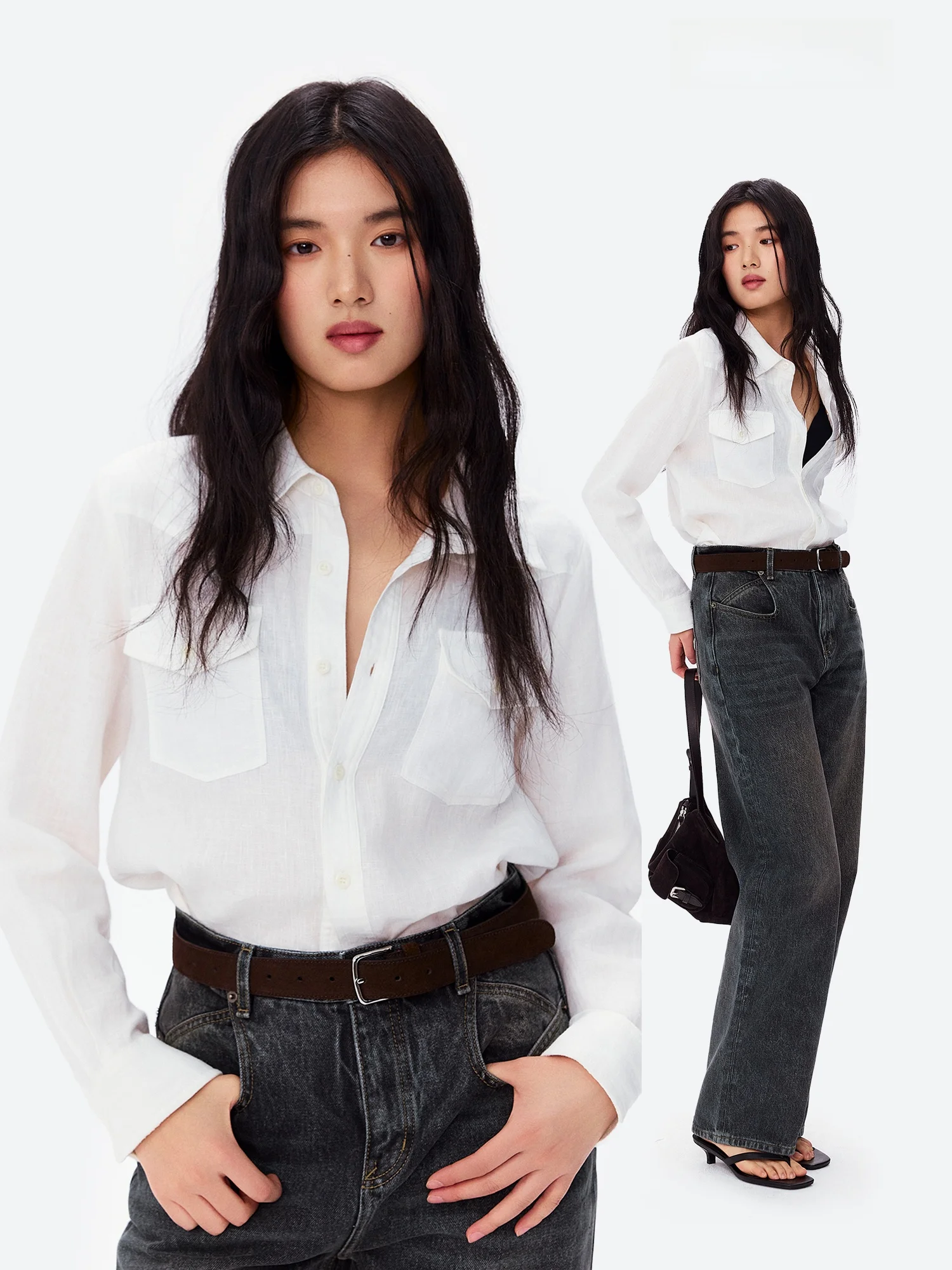 

Женская классическая льняная блузка LUMIEN с воротником, белая, весенняя новинка, универсальная, для работы, с длинным рукавом, приталенная, для повседневной носки