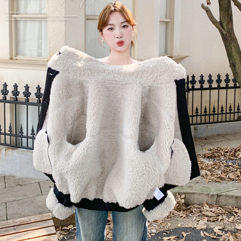 Jaqueta de inverno feminina vintage shearling lã de cordeiro casaco cor-bloco couro falso casaco de pele mulher roupas camurça topo