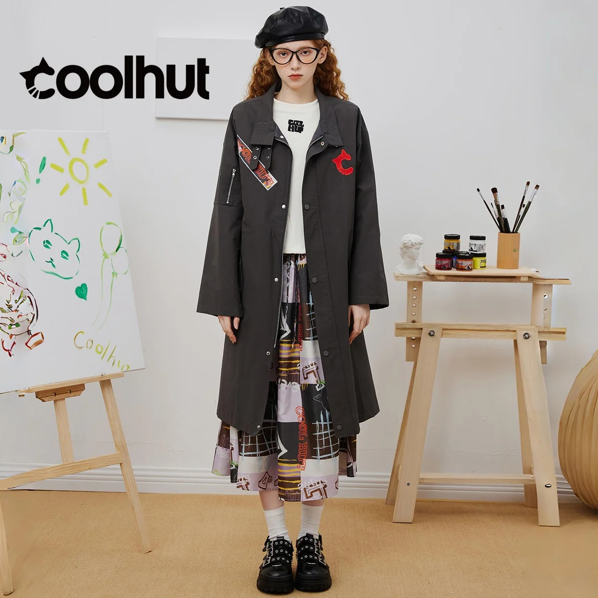 COOLHUT 여성용 2025 아메리칸 칼리지 스타일 트렌치 코트 중간 길이 루즈핏 레터 포켓 더블 지퍼 캐주얼 가을 자켓