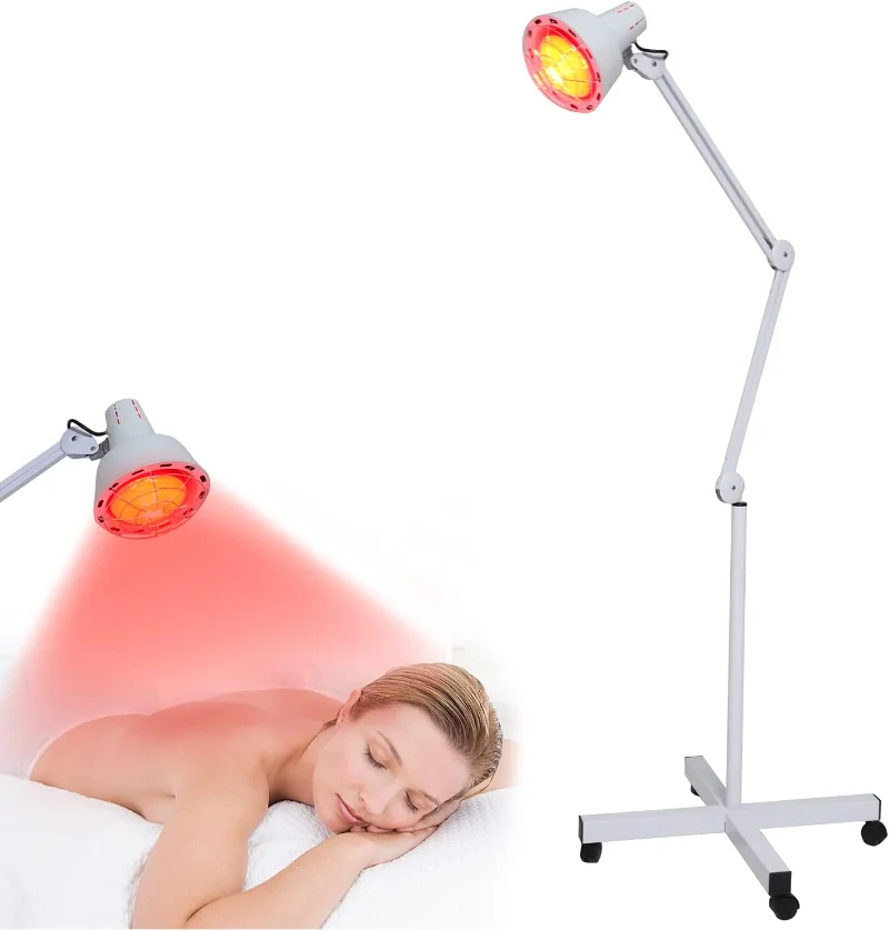 Lámpara de calor infrarrojo cercano con ruedas, lámpara de calefacción de suelo, color rojo, alivia el dolor de articulaciones y músculos, altura y ángulo ajustables, 150W
