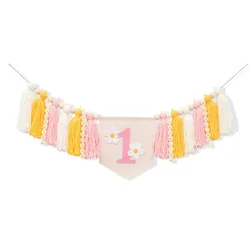 INS First Birthday Pink Daisy Highchair Banner Girl 1ST Party High Chair  White Flower Garland Backdrops Tassel Decoration