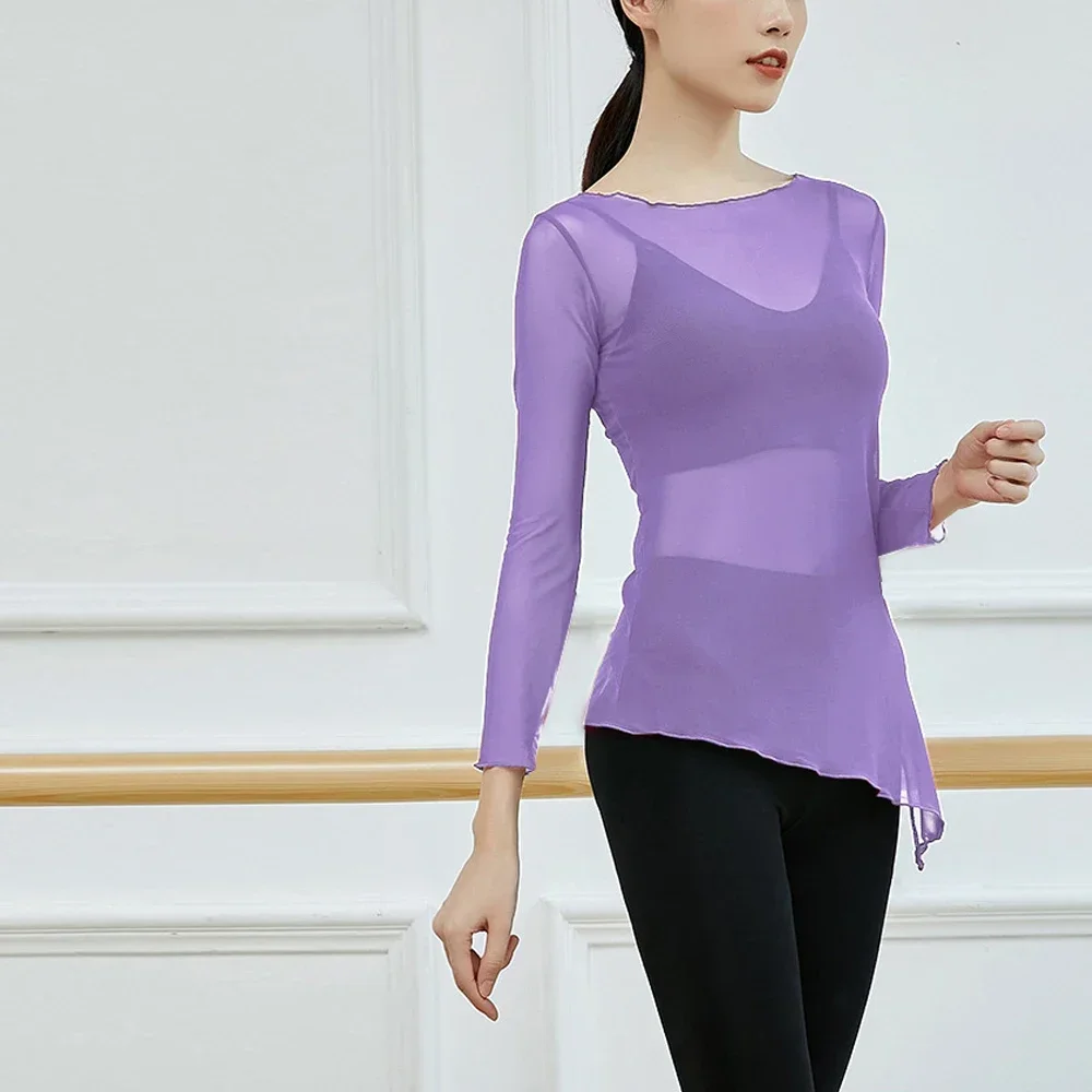 Sexy Wavy Neck Long Sleeve Dance T shirt  Women S-XL Slim Sky Purple White Black Modern Dance Practice Shirts Tees X-G-Xinde