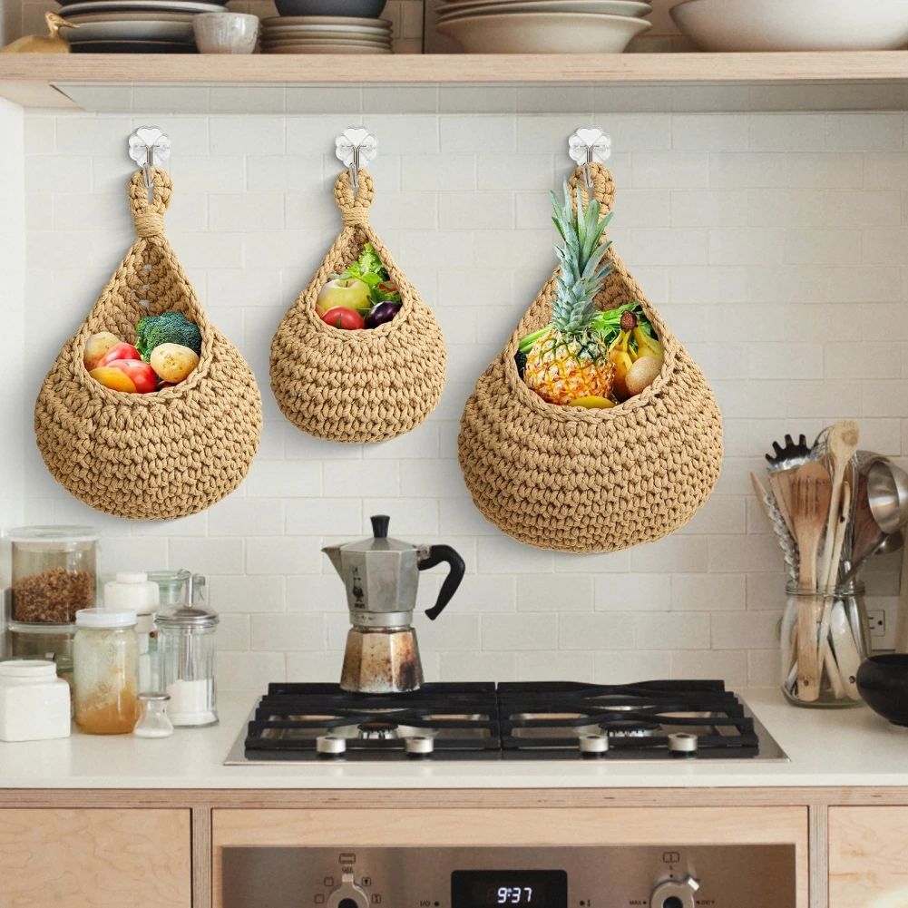 XS-XXL Wall-mounted Sundries Storage Bag Hanging Wall Vegetable Fruit Baskets Organize Bag Jute Eco Teardrop Kitchen Organizer