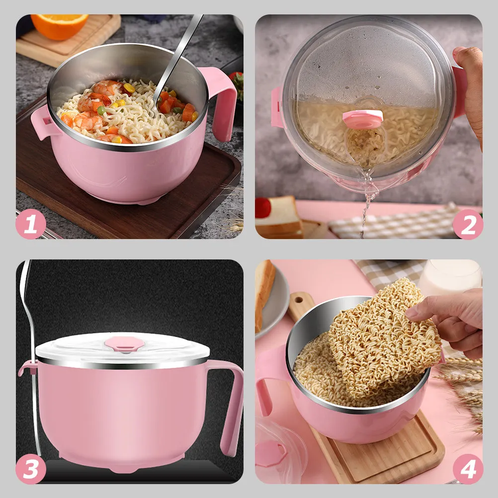 Набор из 1 миски для лапши из нержавеющей стали с крышкой, 1200 мл, с термостойкой ручкой и отверстием для слива, для супа, риса, салата, портативная миска для еды