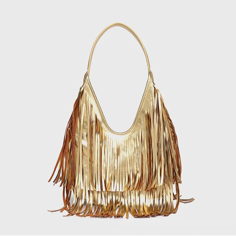 Bolso de Hombro Dorado Brillante para Mujer con Flecos y Borlas en Capas, Bolso Tipo Hobo de Cuero PU Metálico para Fiestas y Festivales