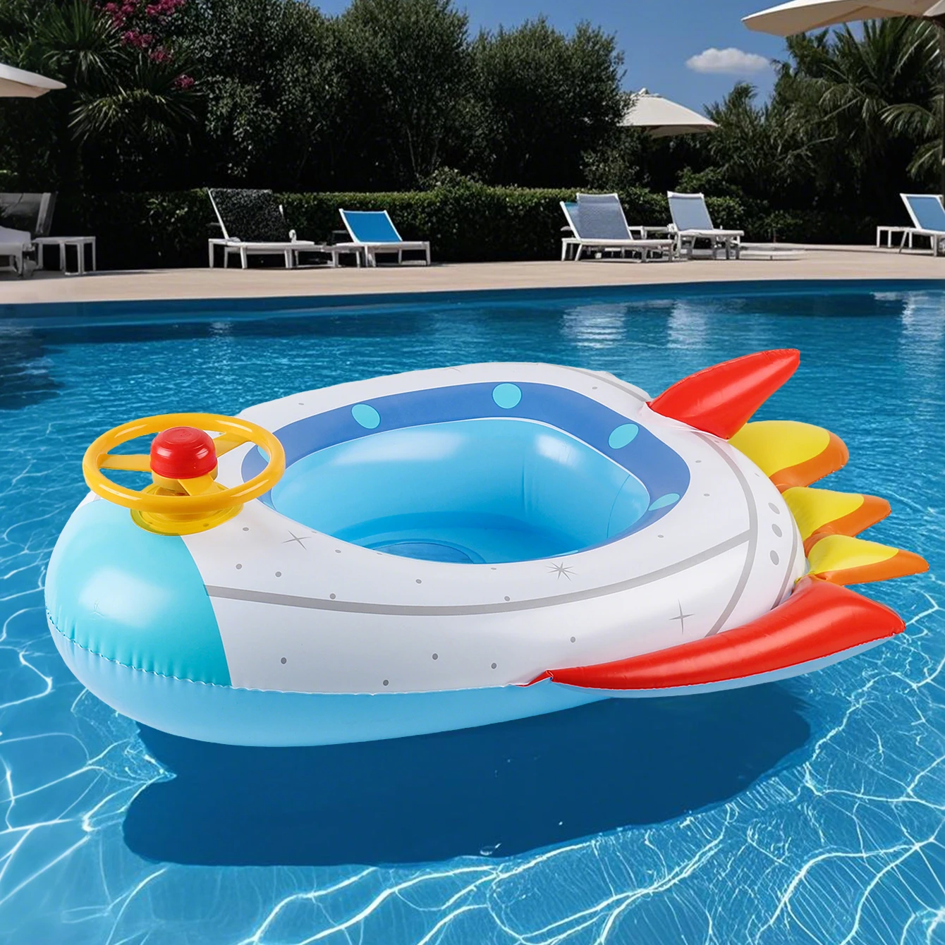 Anillo de asiento inflable grueso en forma de cohete con volante, flotador de verano para piscinas y fiestas en la playa, 1 ud.
