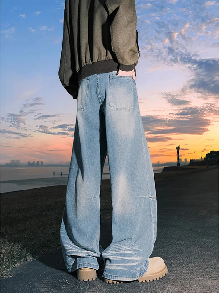 

Ice Blue Water Ripple Wide Leg Men's Jeans Straight Tube Loose Fit Jeans American High Street Sle Cotton Polyester Blend