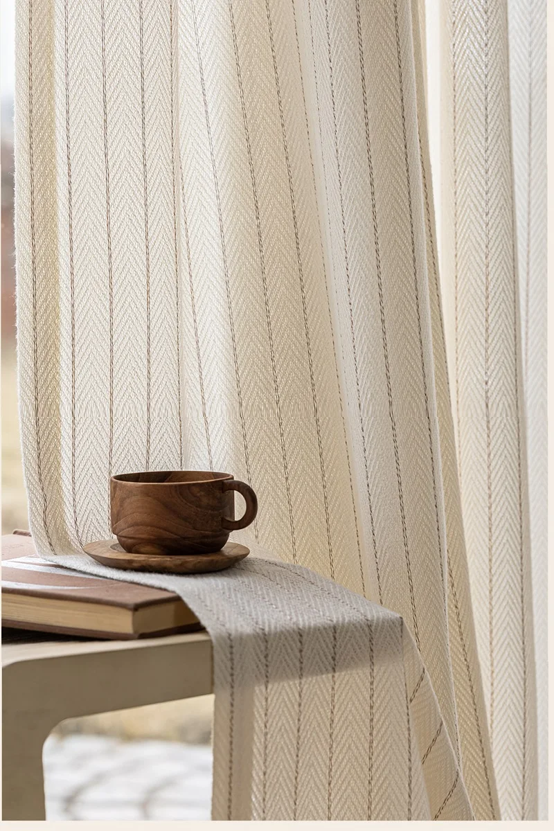 Modern wool feel light beige striped curtians for balcony living room bedroom yarn curtains yoga room decorative curtains Custom