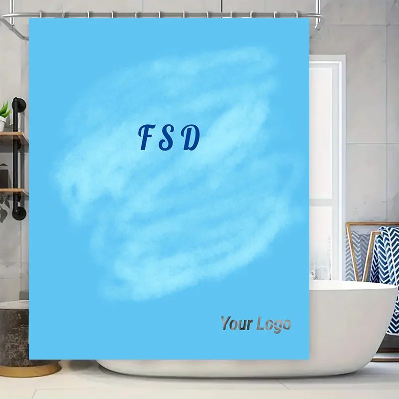 

Занавески для душа с логотипом на заказ для декора ванной комнаты, водонепроницаемая ткань с нержавеющими кольцами, набор голубого выцветания