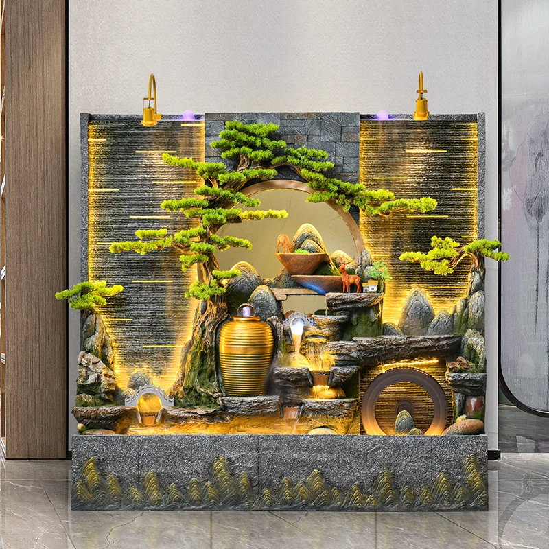 Wohnzimmer Wasservorhang Wand Wasser Wandschirm großer Boden Ornament Steingarten