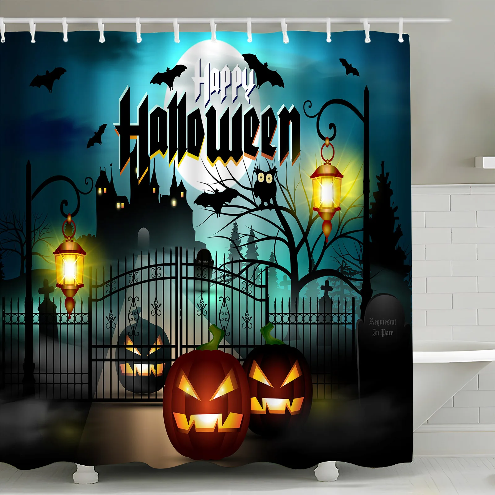 Halloween Shower Curtain Pumpkin Lantern Horror Night Ghost Forest Castle Witch Bats Moons Fabric Bathroom Decor with Hooks