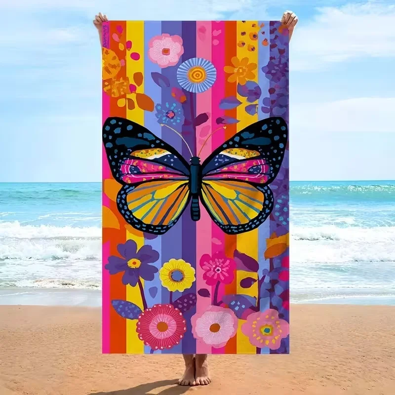 Rainbow Vertical Stripe Big Colorful Butterfly Floral Beach Towel Sand Free Towel Vibrant Wild Flower Print Lightweight Blanket