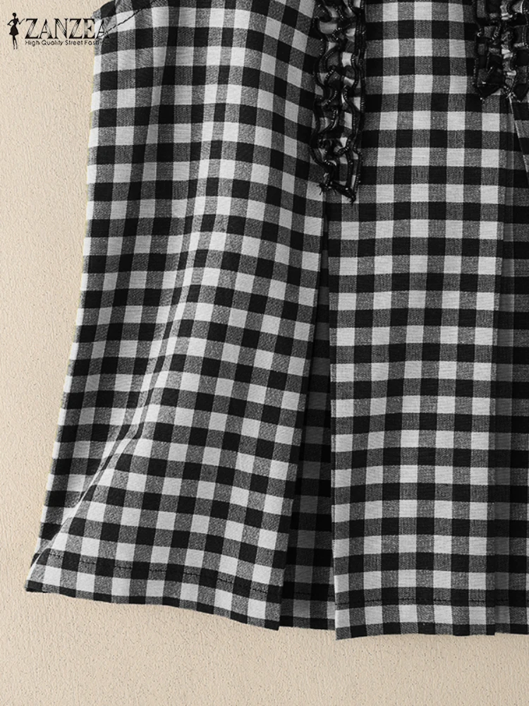 النساء خمر الكشكشة تقليم منقوشة الدبابات ZANZEA 2025 جديد عادية س الرقبة مقلوب الطيات فحص بلوزات بلا اكمام ملابس امرأة S-3XL