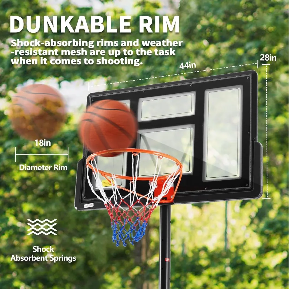 10FT Adjustable Portable Basketball Hoop Outdoor for Adults, 44 Inch Shatterproof Backboard with Shock Absorbent Rim & Wheels