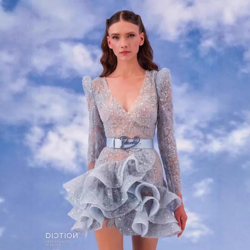 

New Arrival Women's Long SleeveVOff-shoulder Ruffle Trim Brick Button Sexy Princess Hollow Out Dress