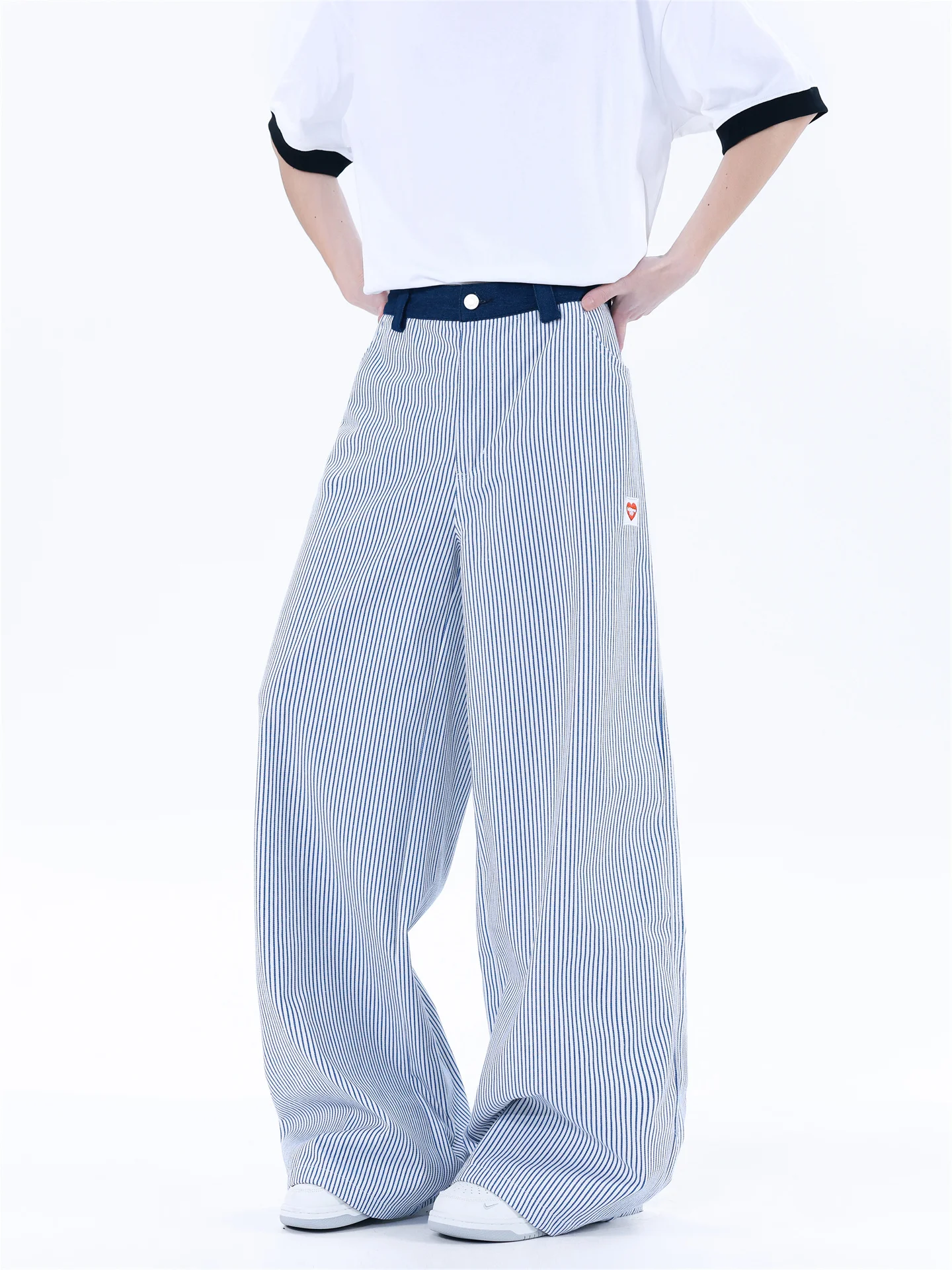 

Blue Vertical Stripe Men's Casual Pants Embroidered American Heart Color Blo Drapey Wide Leg Floor-Length Couple Knife Long...