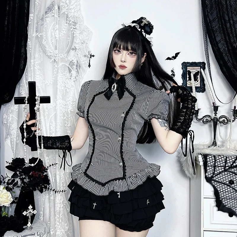 

Рубашка с коротким рукавом Subculture Gothic Academy, новый летний стиль, универсальный темный и облегающий топ