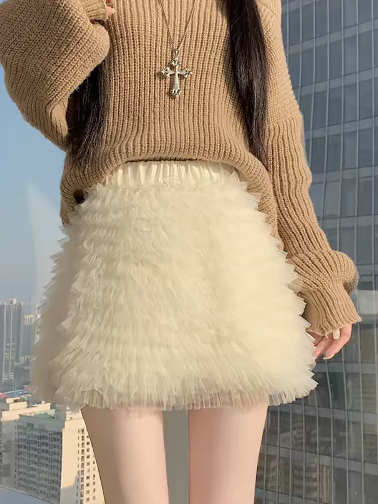 Unique Mesh Paneled Mini Skirt High-Waist Spring Summer Layered Tulle Skirts for Women, Chic & Boutique Style For All Seasons
