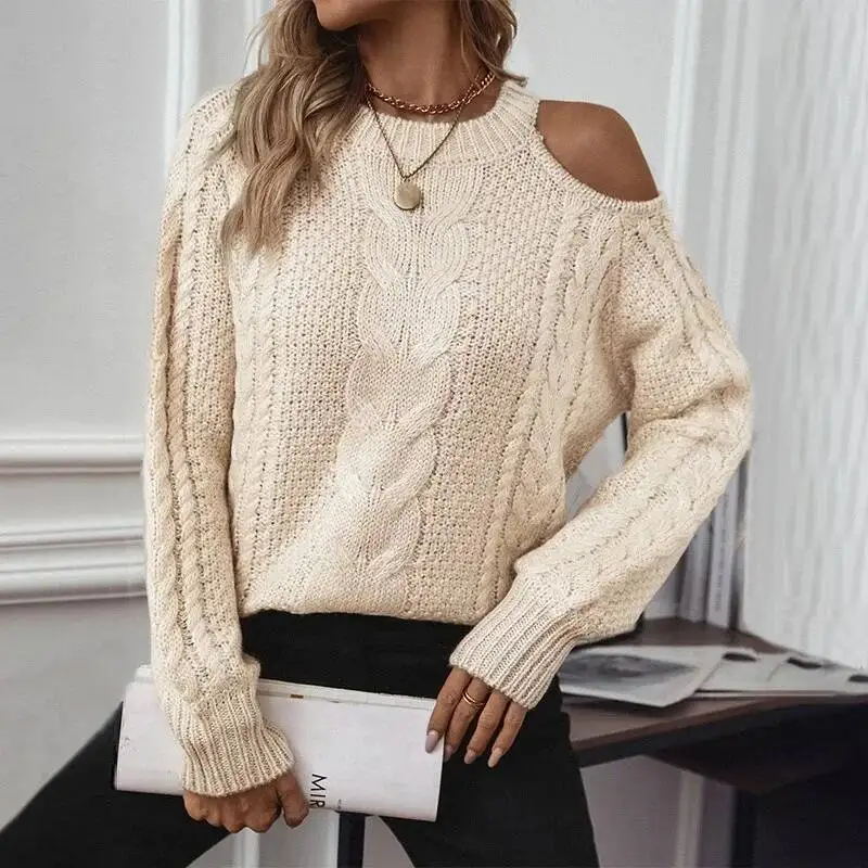 

Сплошной цвет с открытыми плечами, свитер с круглым вырезом, женский осенне-зимний новый сексуальный вязаный свитер Avant Garde, модные повседневные топы