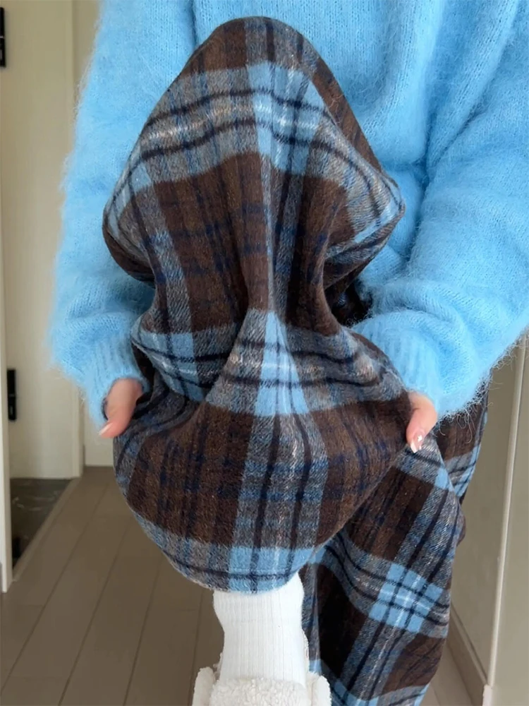 

Мужские зимние повседневные брюки из твида в синюю клетку на флисовой подкладке, удлиненные, свободного кроя, с широкими штанинами, маленький размер