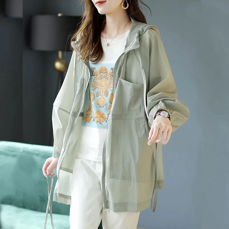 Lightweight Hooded Sunscreen Jacket Women's Mid-Long White Windbreaker Waist-Breathable Summer 2022 New Korean Loose Trench Coat