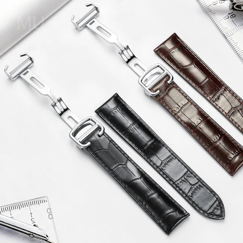 Pulseira à prova d'água e suor, acessórios de relógio de couro genuíno masculino e feminino, fivela dobrável para cartier tank londres