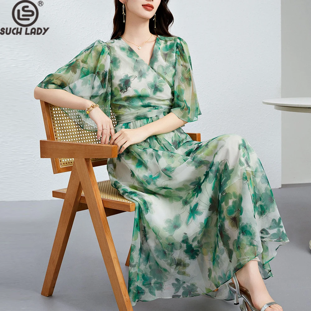 

100% Silk Women's Dresses V Neck Short Sleeves Printed Ruched Elegant Fashion Vestidos