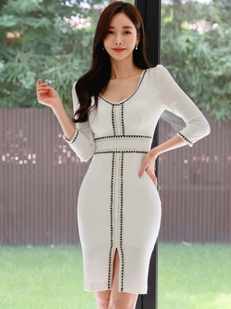 

New Spring Ladies Work Style Formal Pencil Dresses Women Clothing Elegant Office Commute White V-Neck Slim Dress Mujer Vestidos