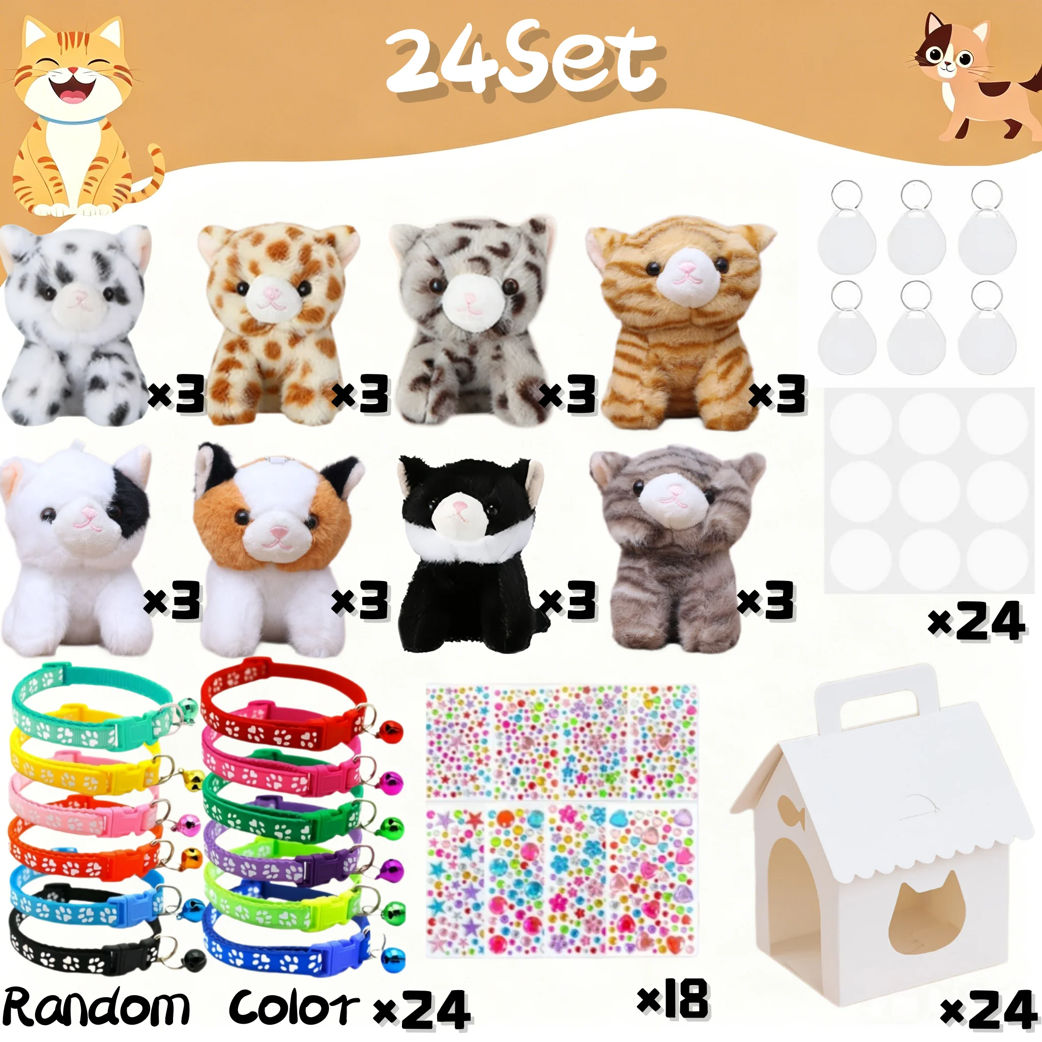 8-32er-Set „Kätzchen adoptieren“-Partygeschenke, Katzen-Stofftiere in Großpackung, verstellbares Halsband, ID-Karte und DIY-Kätzchenhaus für Geburtstags- und Babypartys
