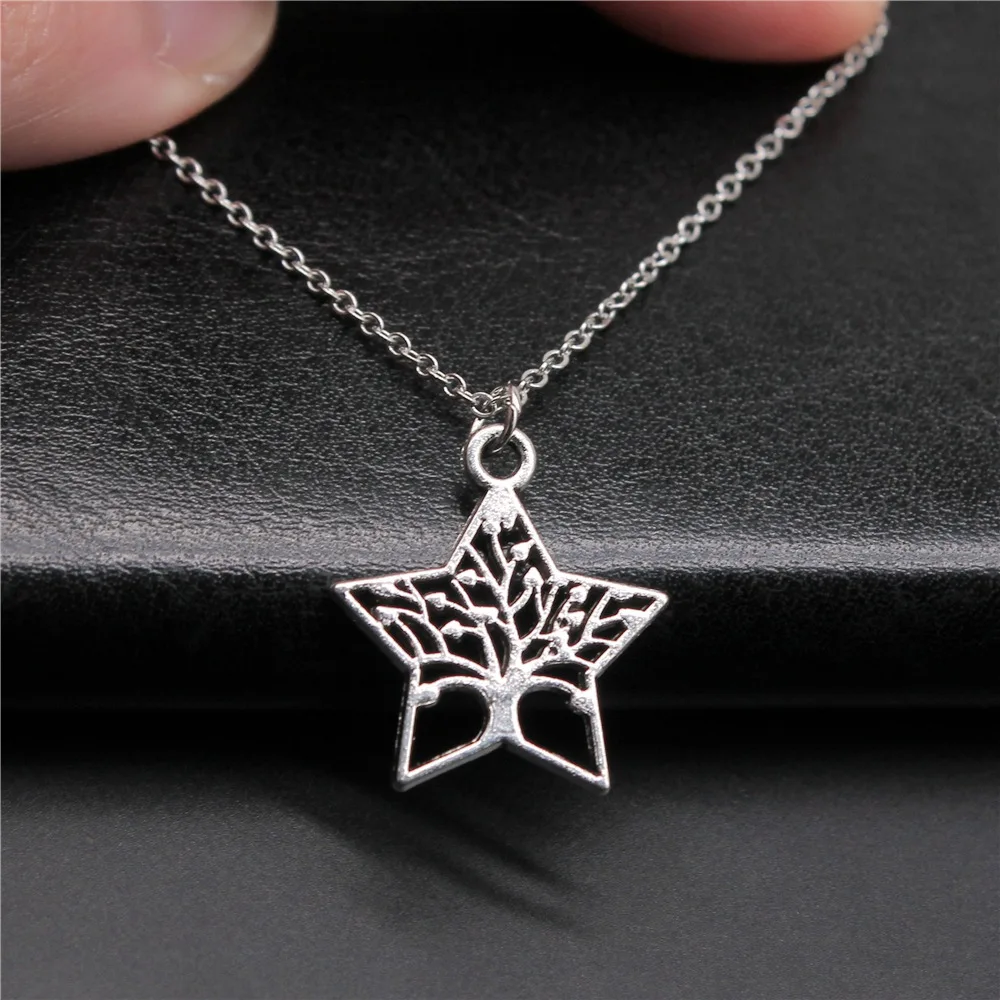 Drop Shipping Antique Silver Color 21x23mm Pentagram Tree Necklaces Short Chain Choker Necklaces