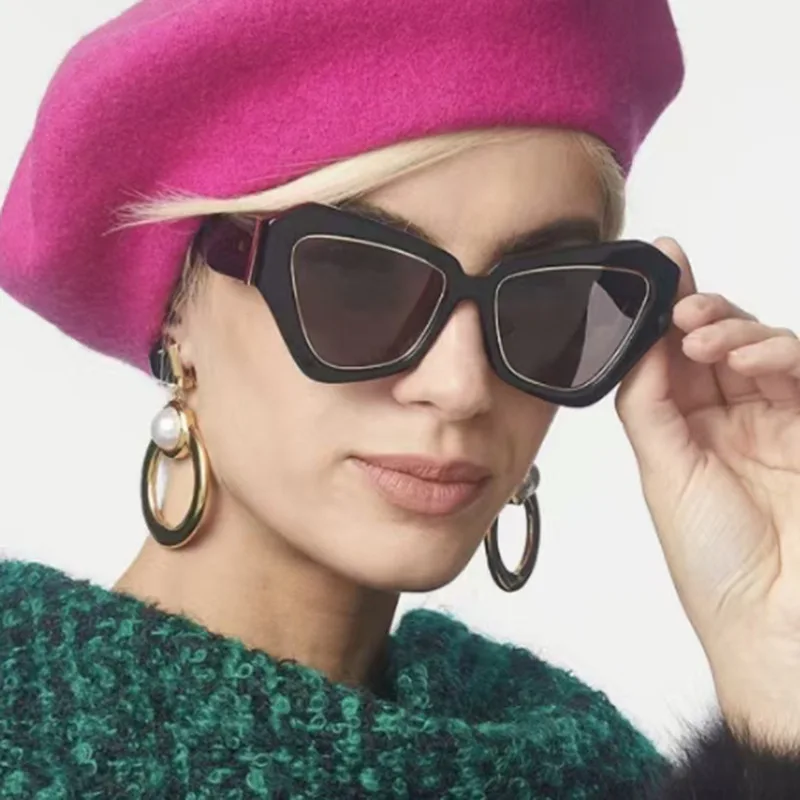 نظارات شمسية متعددة الأضلاع على شكل عين القطة، إطار كبير عصري، طراز الشارع الأوروبي والأمريكي العصري، نظارات نسائية راقية #2