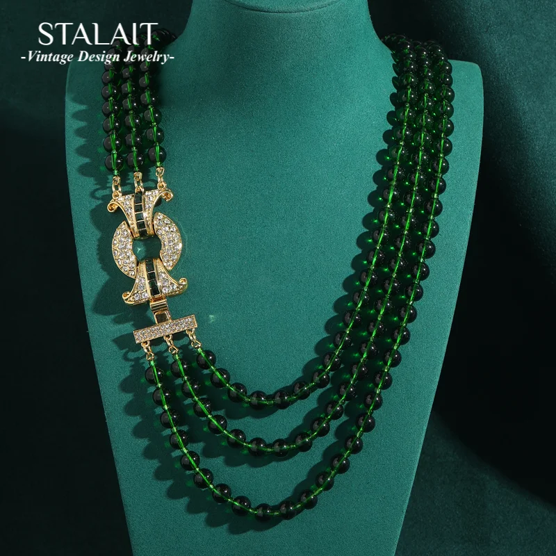 

Vintage Emerald Green Beaded Layered Necklace Beautiful Women Antique Gold Color Zircon Crystal Luxury Designer Jewelry 2025 New
