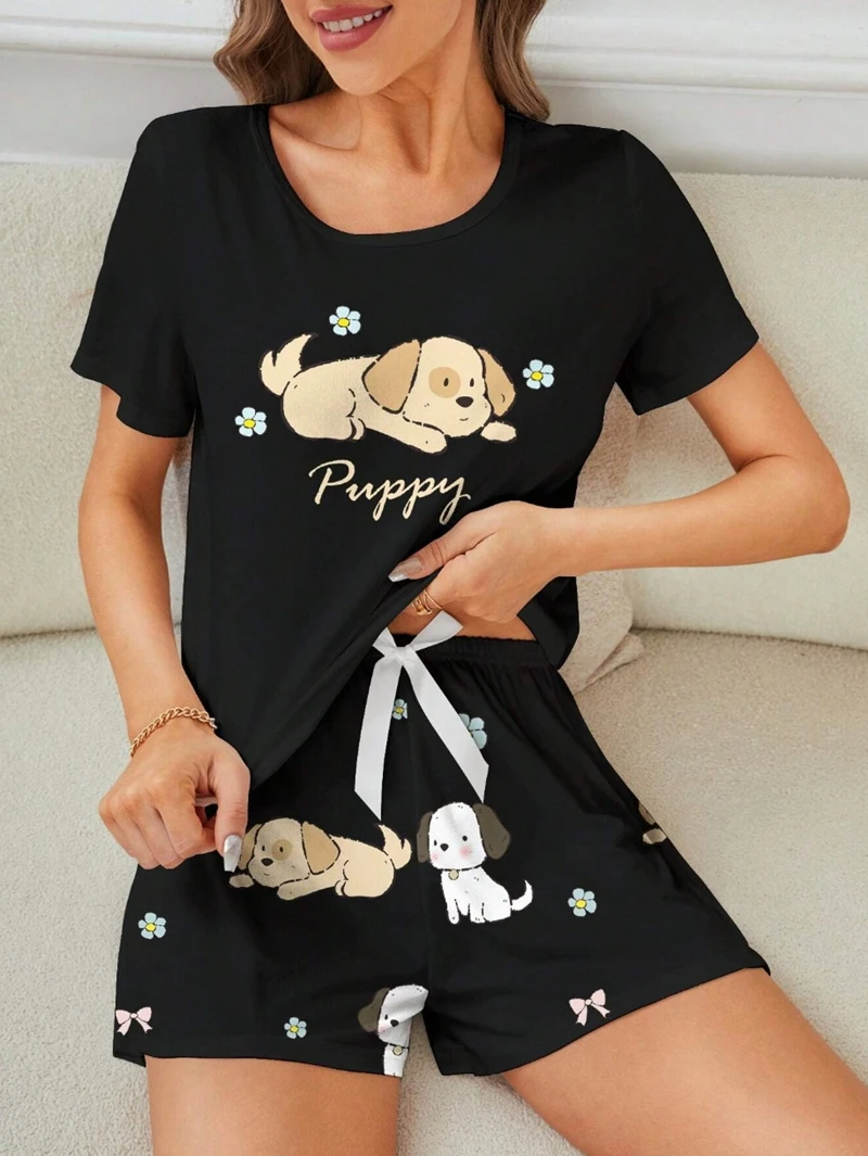 

Cute Puppy Print Pajama Set Short Sleeve Crew Neck Top And Elastic Shorts Loose Relaxed Fit Women's Summer Sleepwear Loungewear