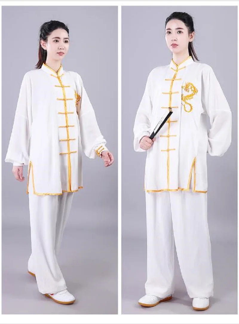 Wholesale New Chinese Men Women Kung Fu Suits Embroidered Golden Dragon Long Sleeve Tai Chi Martial Art Uniform Clothing Set