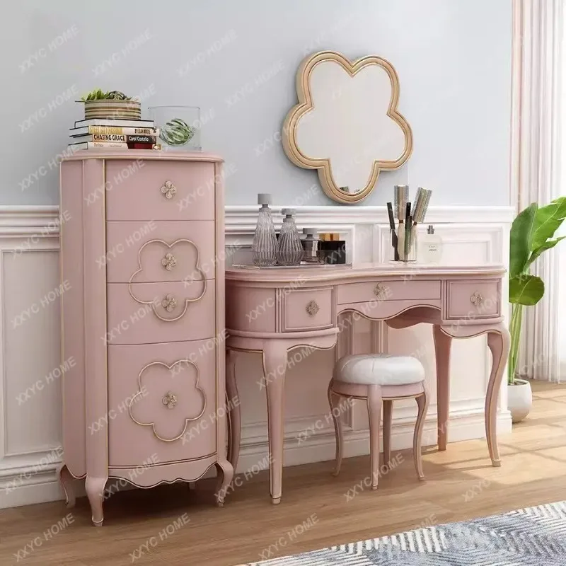 XX solid wood carving flower pink dressing table makeup table  retro combination makeup mirror