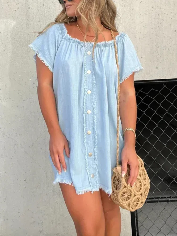 Women's Off-Shoulder Denim Dress Short Sleeve Raw Hem Casual Boho Summer Jean Dress S-3XL