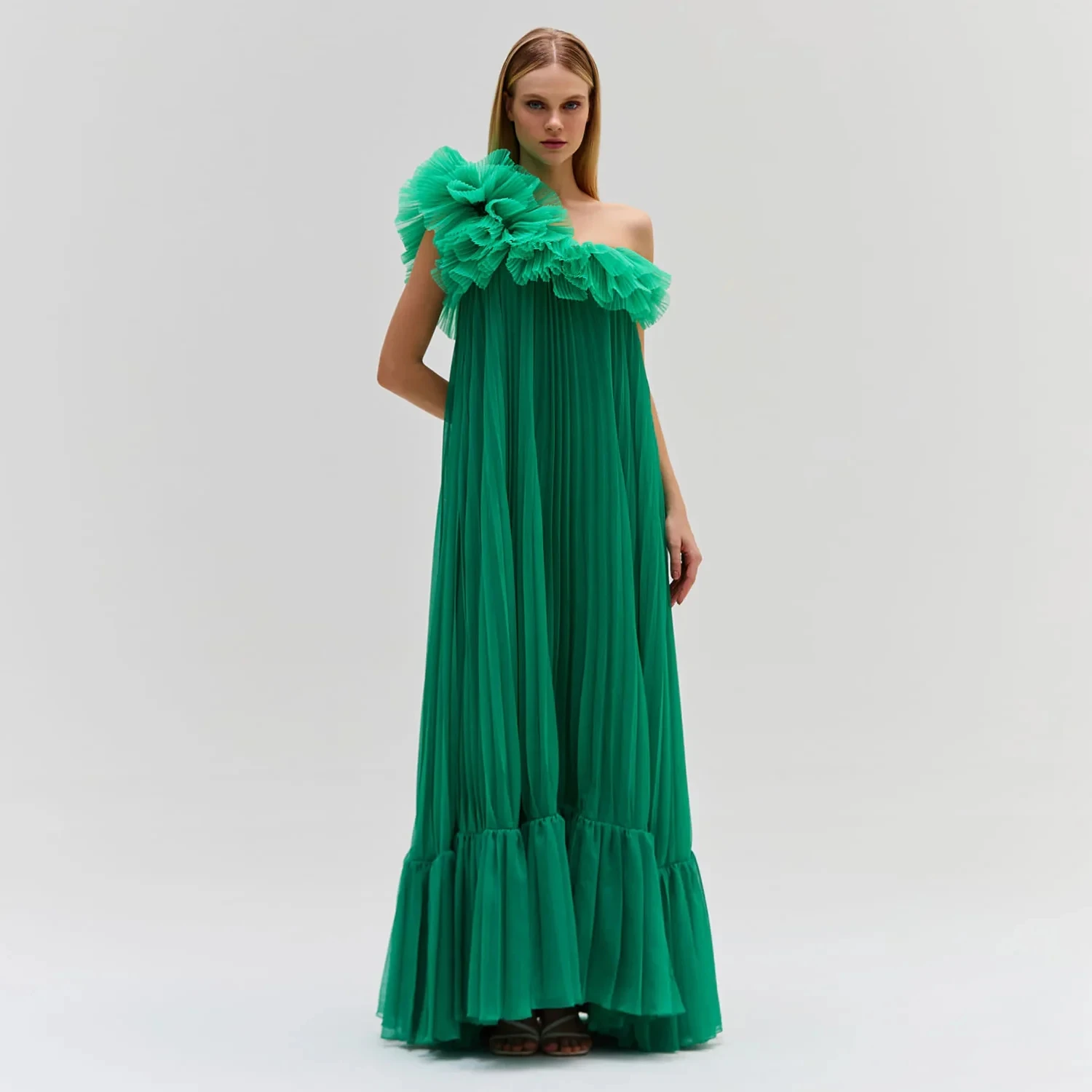 Flowing Party Dresses Chiffon Orchid Tiered Trimmed Long Women Formal Occasion Dress Off Shoulder Green Long Prom Gown Pleated