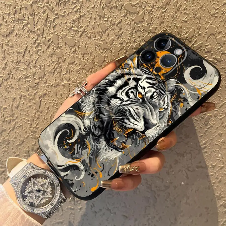

Роскошный модный чехол Fierce White Tiger для iPhone XR 13 12 11 17 Pro Max 17Air 7, 8 15 16 14 Plus XS Max, черный мягкий чехол для телефона