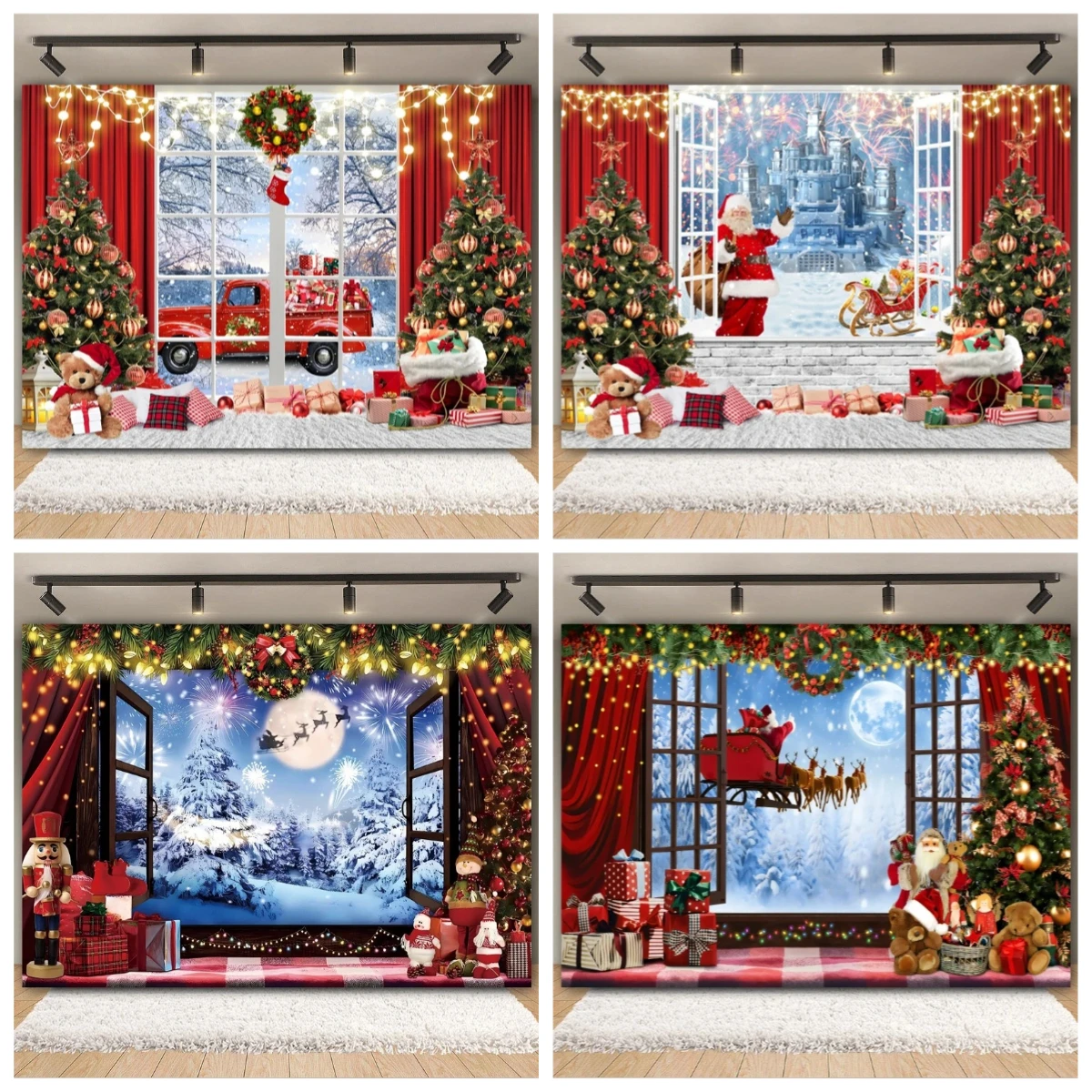 

Merry Christmas Backdrop Xmas Tree Window Winter Snow Forest Santa Claus Gift Family Party Photography Background Photo Studio
