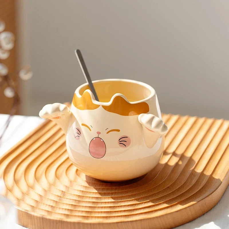 Cartoon Cute Cat Mugs with Spoons Creative Cat Paw Ceramic Mug for Coffee Tea Milk Oatmeal Large Capacity Animal Cups Funny Gift