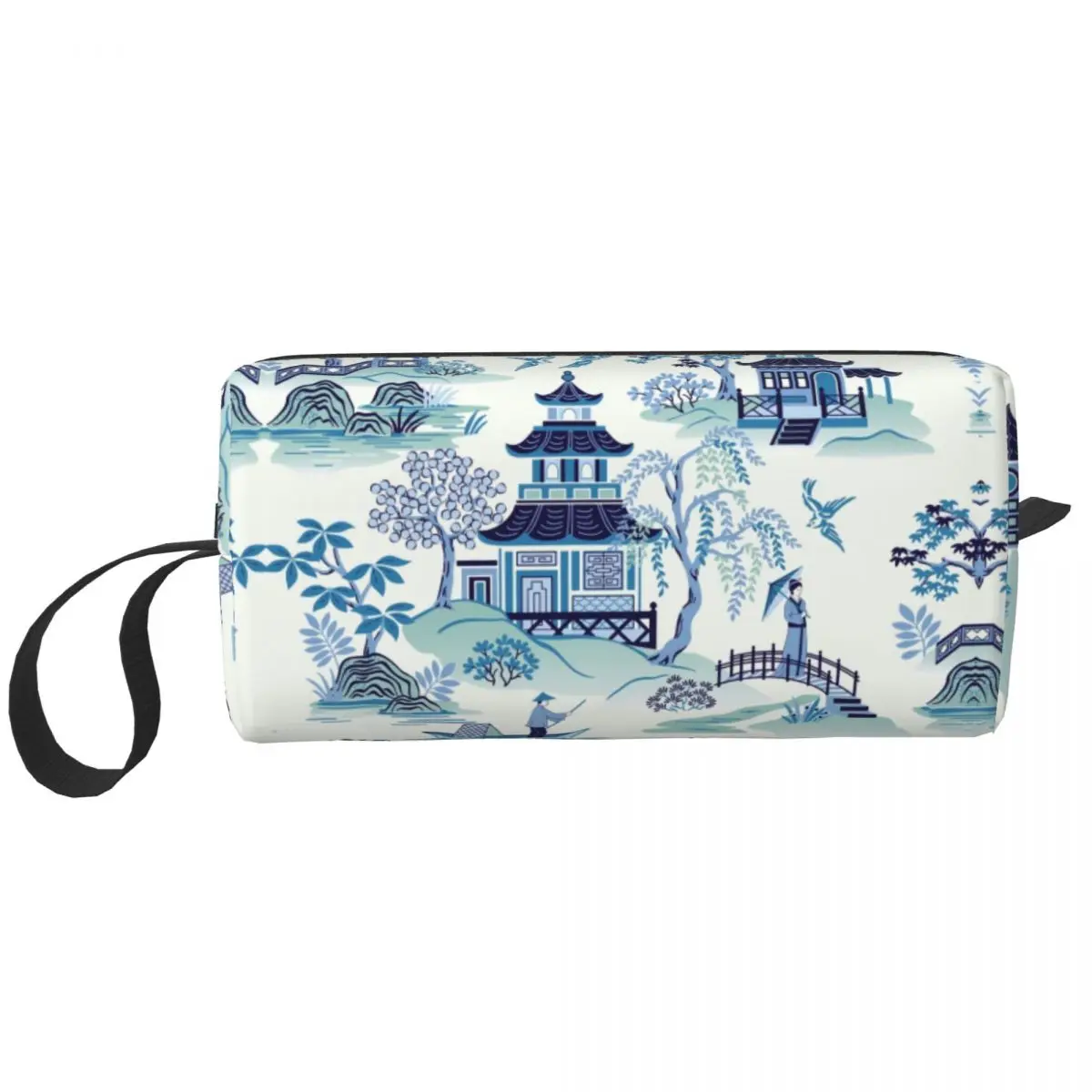 Chinoiserie Pagoda Blue Antique Willow Ware Cosmetic Bag Large Capacity Oriental Style Makeup Case Beauty Storage Toiletry Bags