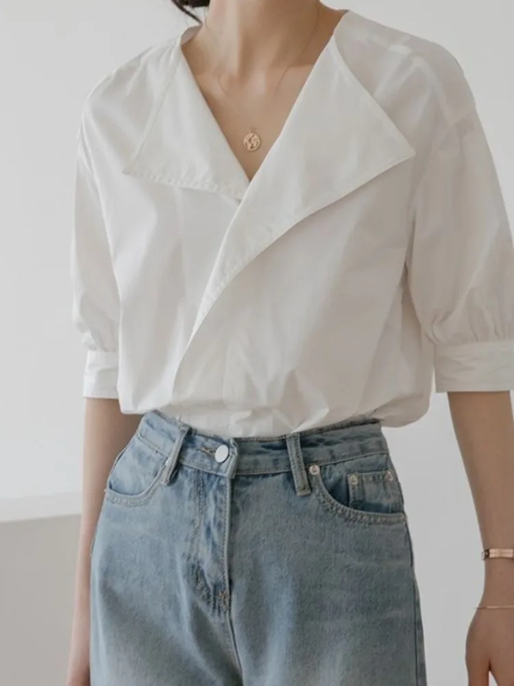 Loose Western Style Chiffon Office Lady Temperament Chic Point White Shirt Korean Fashion Women Blouses 2024 Summer