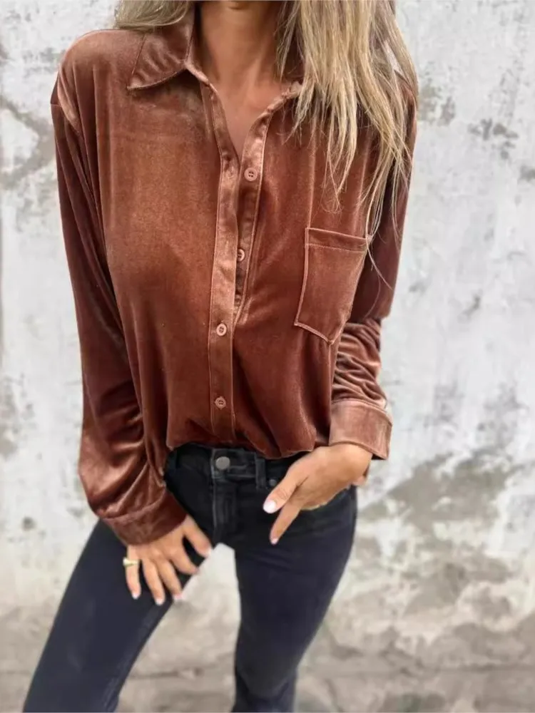 Autumn Gold Velvet Shirt For Women 2024 Long Sleeve Button Blouse And Top Loose Fashion Solid Color Bottoming Shirt Female