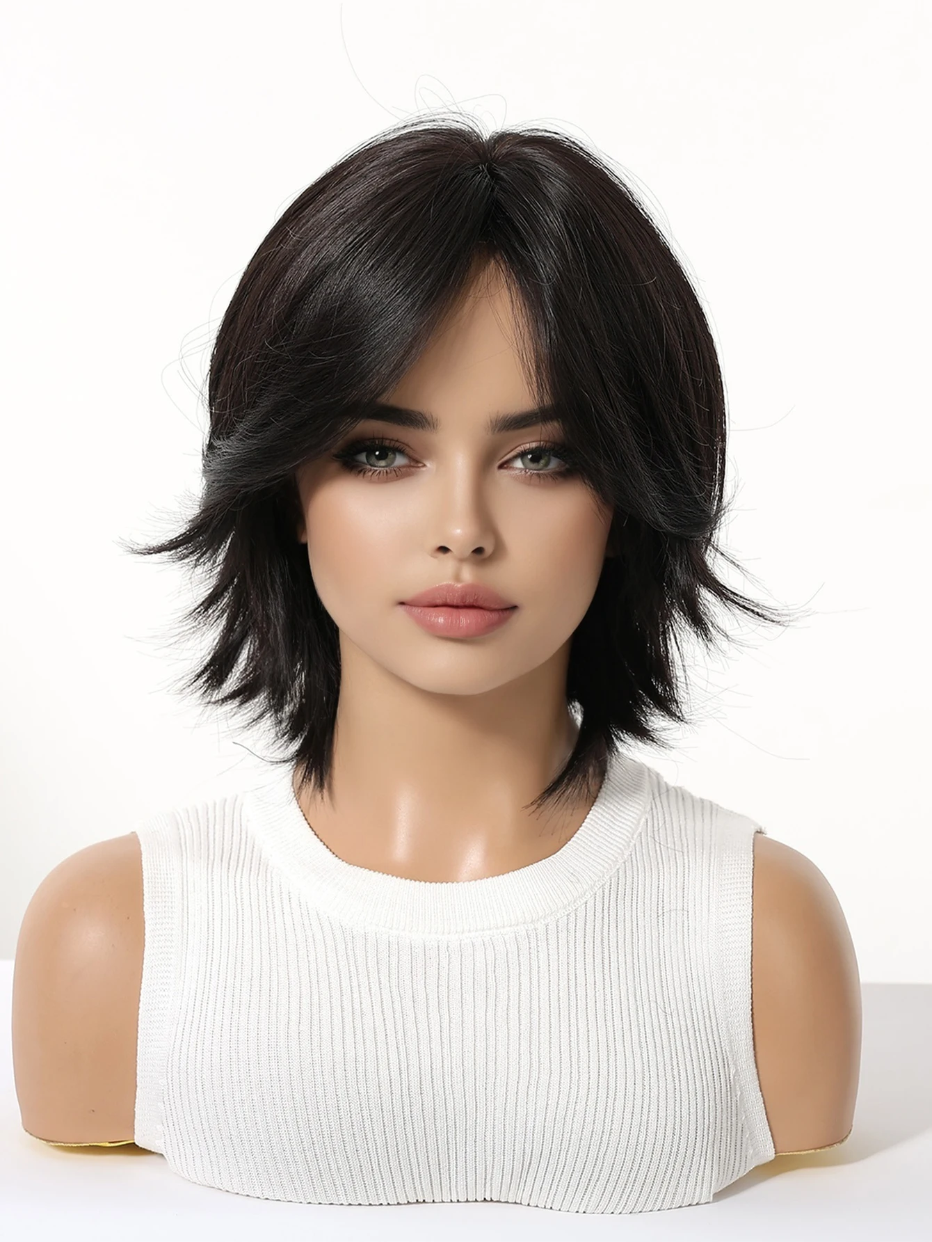 Natural Black Layered Wolf Cut Bob Wig With Side Bangs Silky High Temperature Synthetic Hair Lightweight Comfortable Elastic Wig Cap Fashion Everyday Ladies Wig